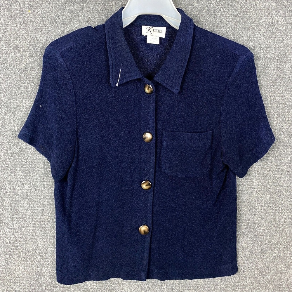 K Petite Button Up Top‎ Women's Size 6P Petite Blue Acetate Blend